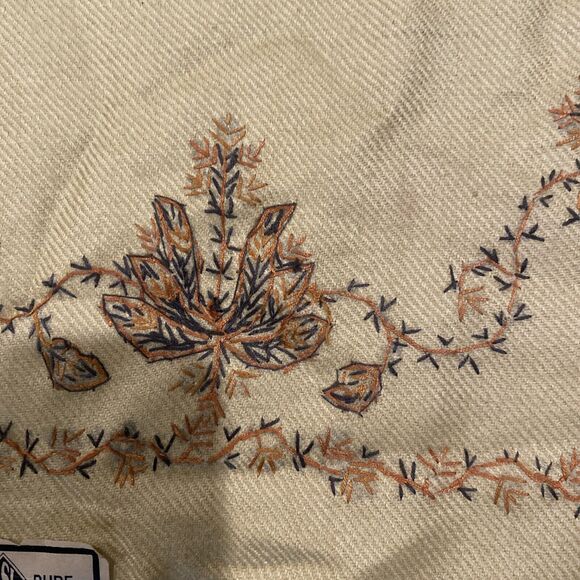 Nitika Embroidered Shawl Shinham SSI Handmade Floral Tan Raw Hem 81x39 Scarf - Picture 2 of 9